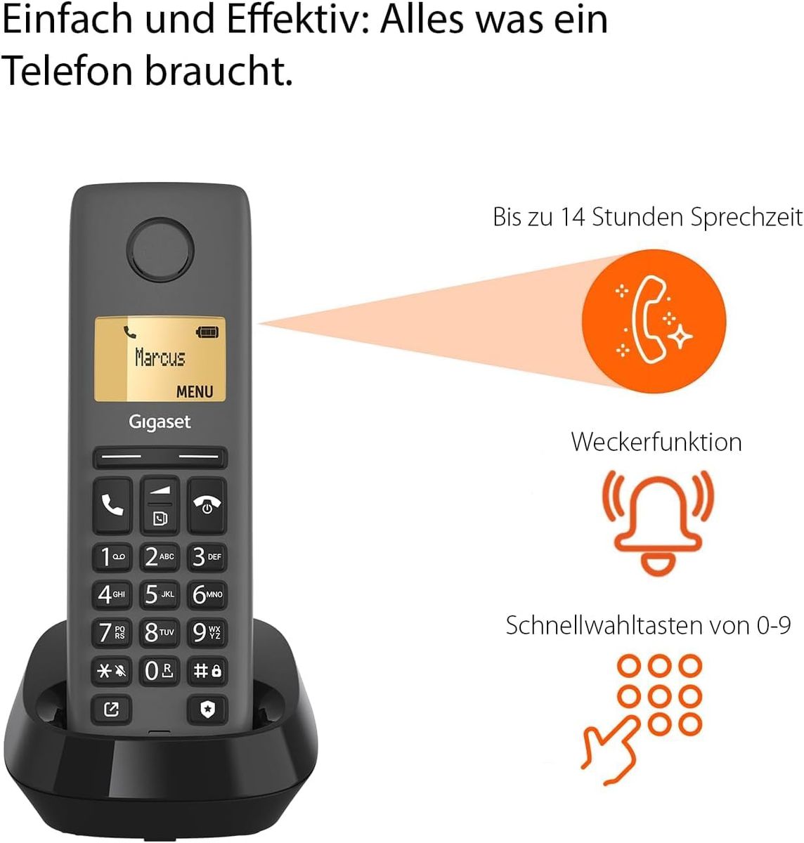 Gigaset Pure 120 - Schnurloses Telefon mit Anrufschutz und ECO DECT - beleuchtetes Display - Hörgerätekompatibel, anthrazit schwarz [Kompatibel in DE, IT, FR, NL, BE, Che, AUT]