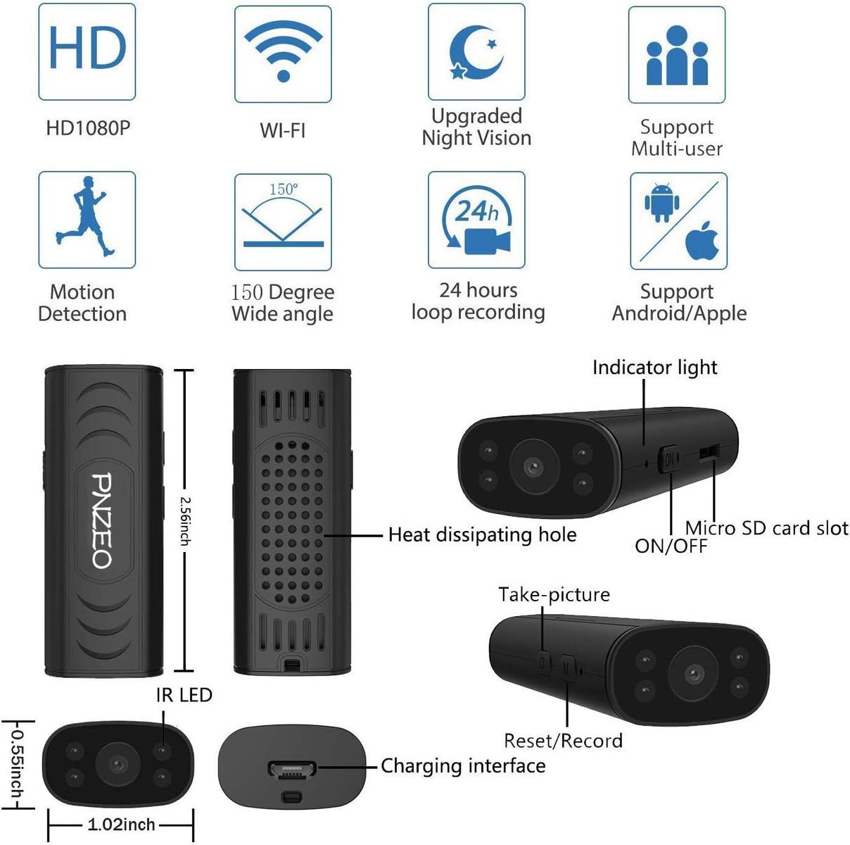 PNZEO Caméras Espion 1080P HD Mini Caméra cachée WiFi Caméra de Surveillance sans Fil avec Infrarouge de Vision Nocturne, Mouvement Uniquement