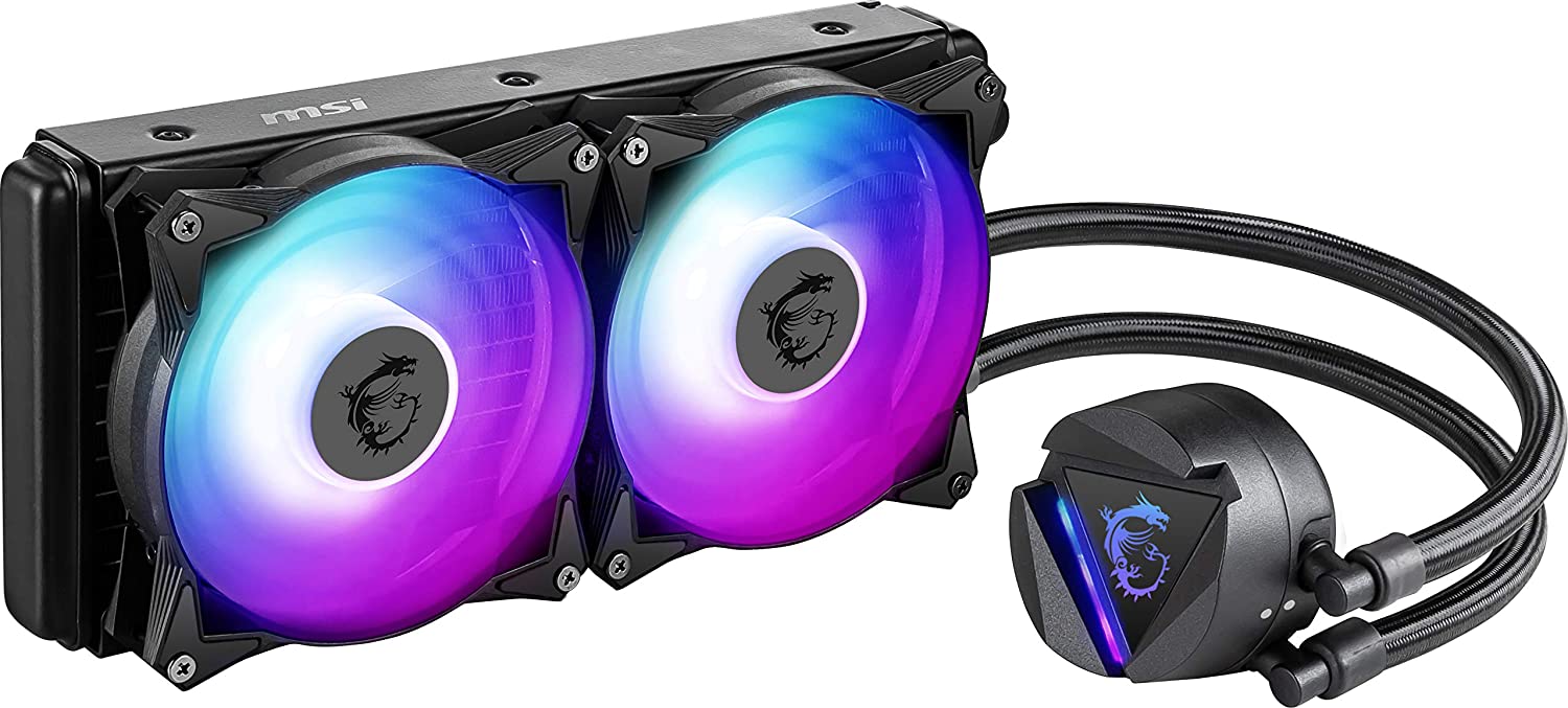 MSI MAG CORELIQUID 240R AIO CPU Wasserkühlung, drehbarer ARGB-Blockkopf, integrierte Kühlerpumpe, Split-Flow-Wasserkühlung, verdampfungssichere Schläuche, einfache Montage, AMD & Intel kompatibel 240 mm / 2 Lüfter R-Series