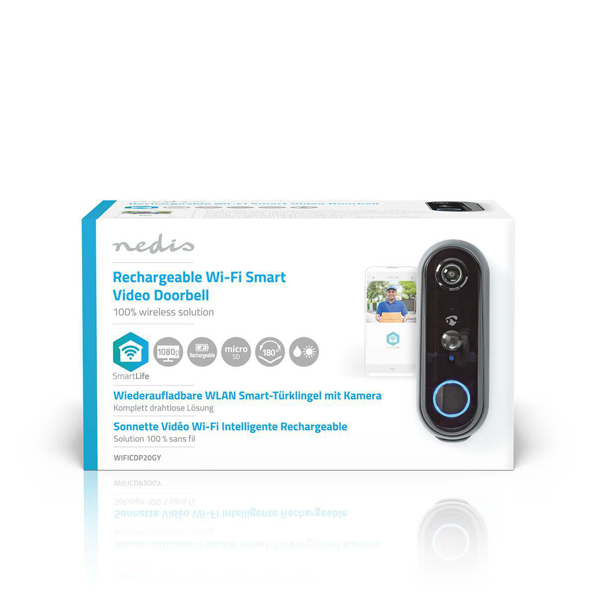 Nedis WIFICDP20GY Video-Türklingel mit Kamera, WLAN, Akku 5200 mAh, Nachtsicht, 180° Blickwinkel, SIP-Videoanruf, 1080 x 1080, Schwarz, IP54