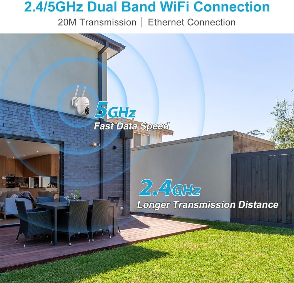 ctronics 2.5K 4MP Überwachungskamera Aussen WLAN, 2560×1440P Ctronics PTZ 2,4/5GHz Dualband WiFi IP Kamera Outdoor mit Automatische Verfolgung, Personenerkennung, 355°/90° Schwenkbar, Farbiger Nachtsicht, IP66