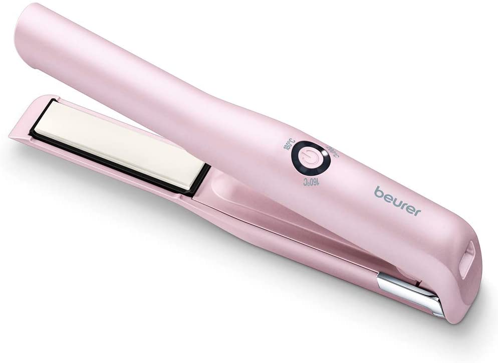 Beurer HS 20 battery hair straightener with USB charging, three temperature settings and quick heating , ideal for travel, pink