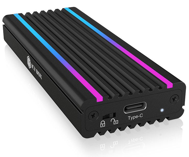 ICY BOX IB-1824ML-C31 SSD M.2 NVMe Gehäuse mit RGB LED Beleuchtung, USB 3.1 (Gen2, 10 Gbit/s), Kühlsystem, USB-C, USB-A, PCIe M-Key, Aluminium, Schwarz Schwarz/RGB