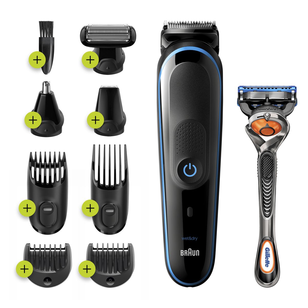 Braun beard trimmer/hair clipper men, trimmer/hair clipper & shaver, 9-in-1 set for beard, face, head, body, ears and nose, MGK5280, black/blue.