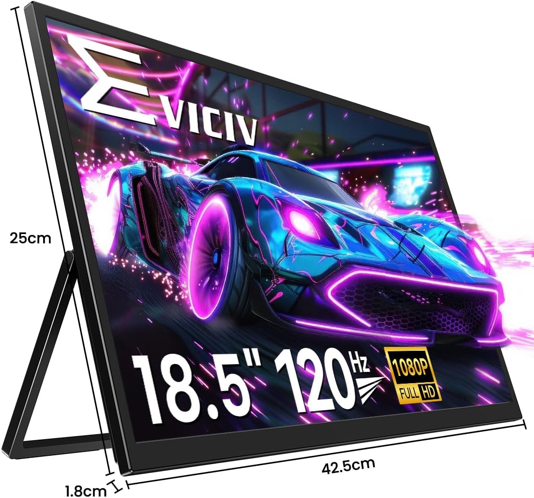 EVICIV Portable Monitor 18,5 Zoll 120Hz Tragbarer Bildschirm FHD 1080P IPS Mobiler Display Zweiter Screen mit Verstellbarer Ständer Mini HDMI Type-C für Laptop, PC, Phone, VESA-Kompatibel