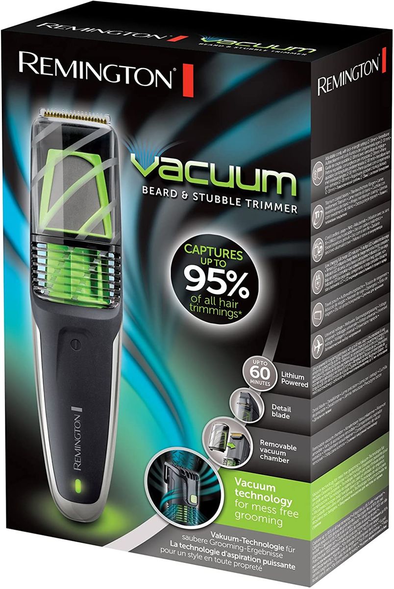 Remington beard trimmer men lithium removable vacuum chamber mains battery operation 12 length settings 0.5-18mm 2 attachment heads: 32mm + 20mm trimmer storage bag Beard trimmer MB6850.