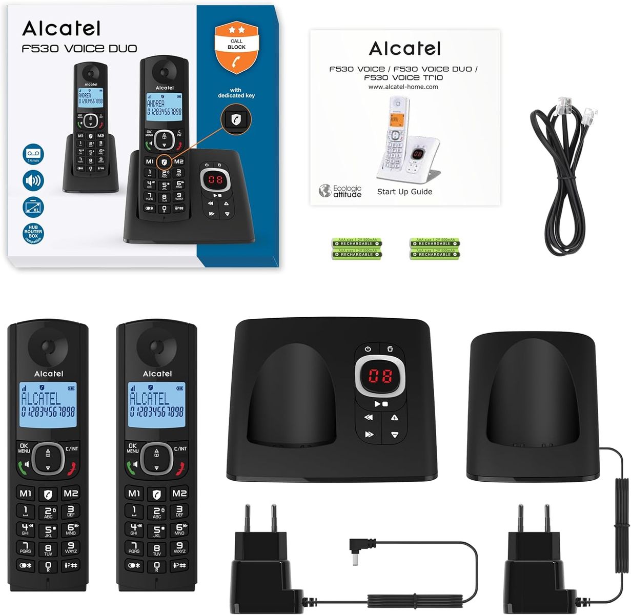ALCATEL F530 Voice Duo - Schnurloses Festnetztelefon DECT mit Anrufbeantworter - Großes Display - Freisprechfunktion - Anrufblockierungsfunktion - 2 Direktwahltasten - 2 Mobilteile - Schwarz