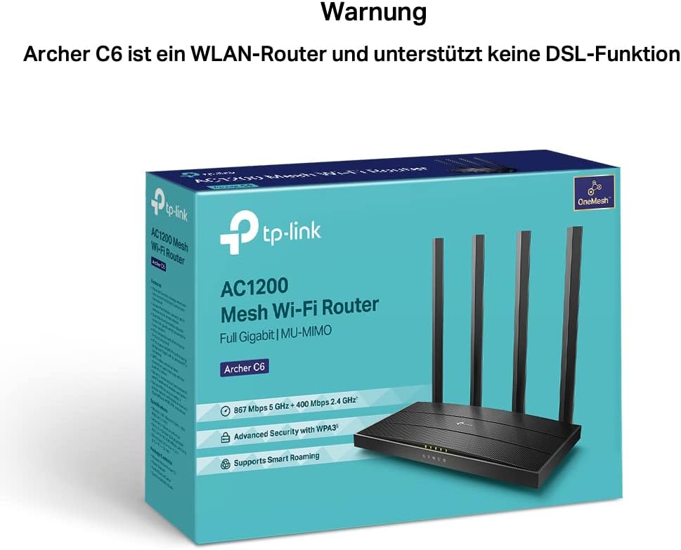 TP-Link Archer C6 Dualband Gigabit WLAN-Router 867Mbit/s 5GHz + 300Mbit/s 2,4GHz 4 Gigabit LAN-Port MU-MIMO IPTV Unterstützt keine DSL-Funktion