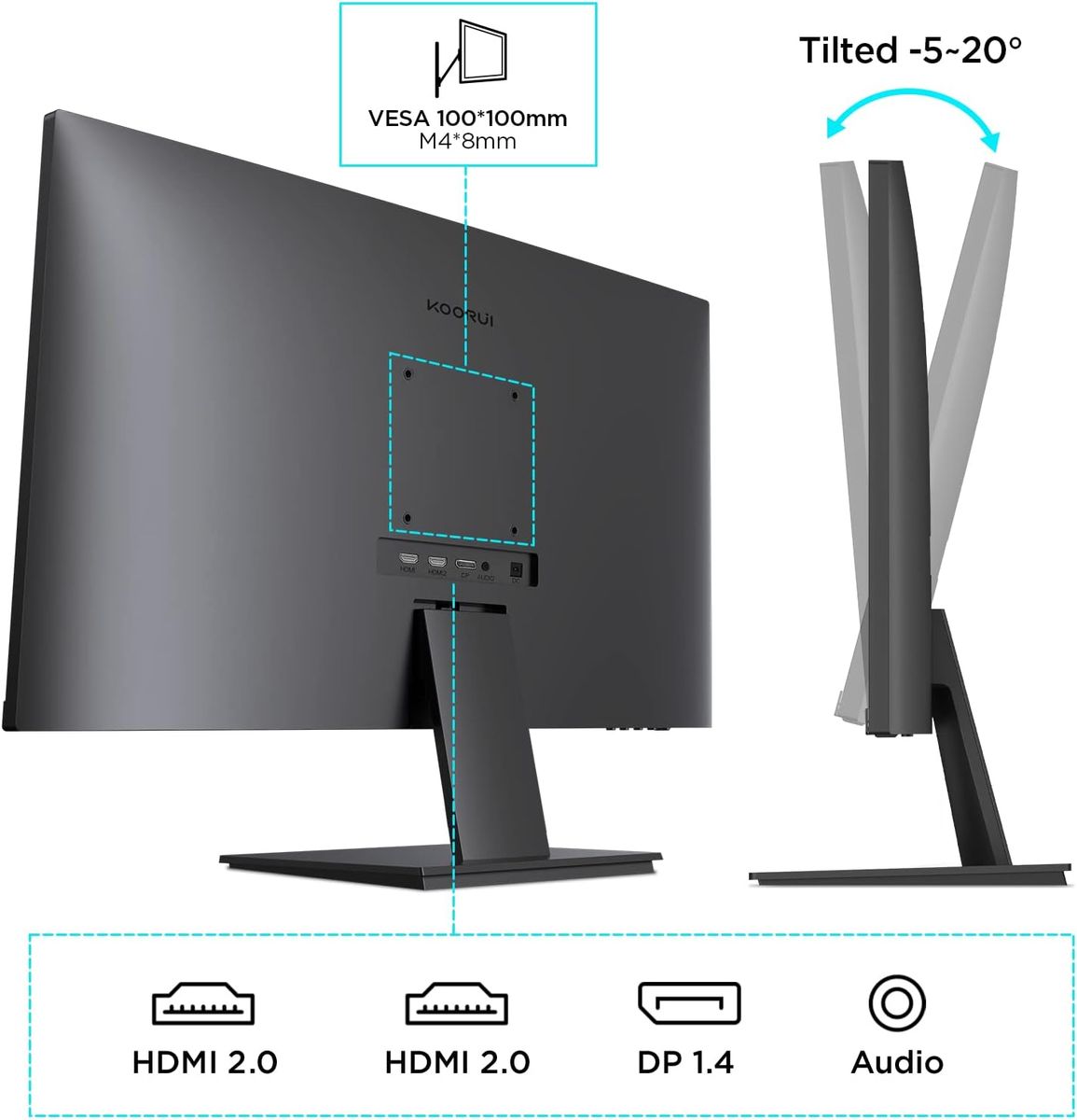 KOORUI Monitor 27 Zoll, 4K PC Bildschirm UHD(3840 * 2160), IPS, 4ms, 60Hz, 2X HDMI 2.0 & DisplayPort 1.4, Adpitive Sync, HDR10, VESA 100 * 100mm, 90% DCI-P3, Eye Care, Schwarz