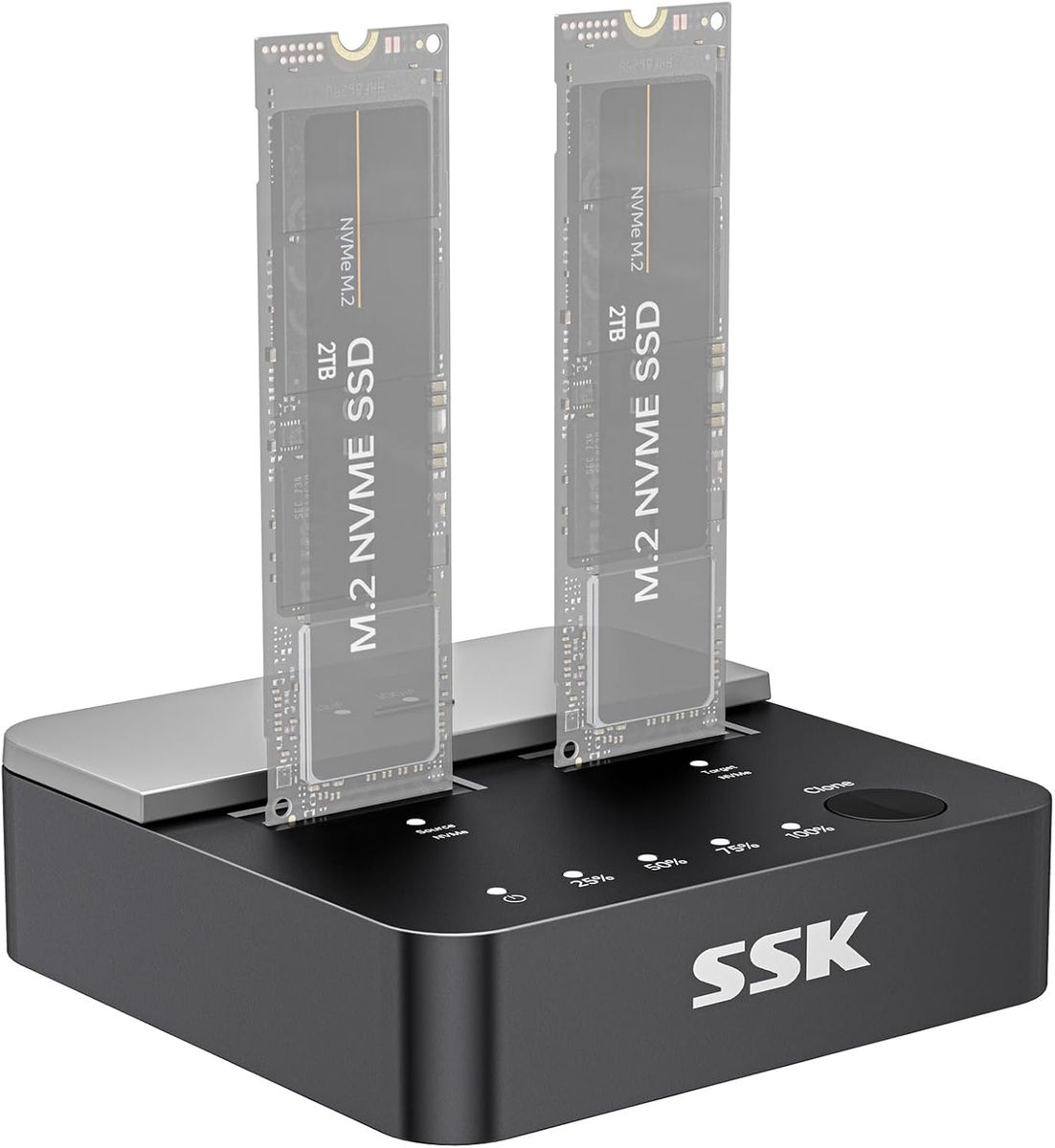 SSK DK201 Dual NVMe M.2 SSD Dockingstation, USB 3.2 Gen 2x2 20 Gbit/s, 2-Bay, NVMe-Kloner, werkzeuglos, M-Key & B+M, inkl. USB-C & USB-A Kabel, schwarz