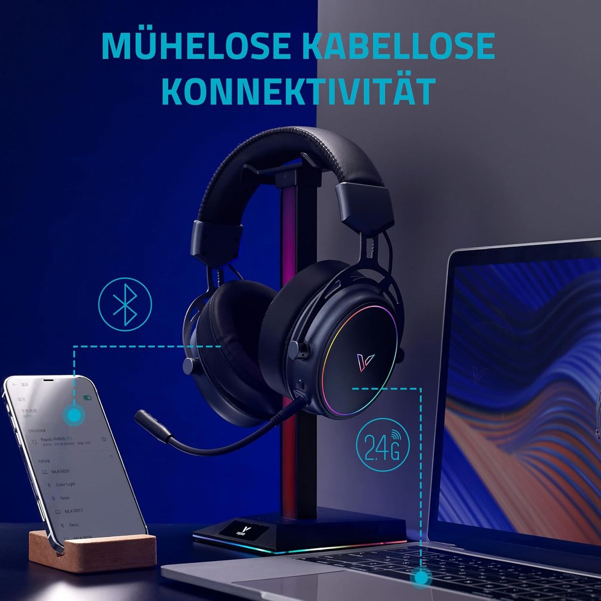 Rapoo VH800 kabelloses Gaming Over-Ear Headset, Flexibles Mikrofon mit Stummschaltung, Ohrpolster Kunstleder, 46h Akku, Headphone Bluetooth und 2,4Ghz PC/Mac/Xbox One/PS4/Nintendo Switch - Space Grey