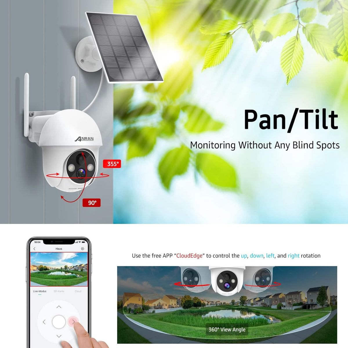 ANRAN Q01 White Außen-Überwachungskamera Akku & Solarpanel, 3 MP, 360° PTZ, PIR-Bewegungsmelder, Farb-Nachtsicht, 2-Wege-Audio, WLAN