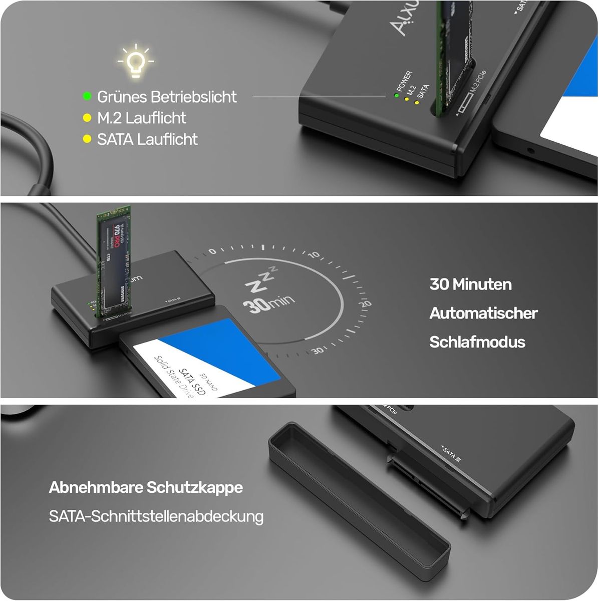 Alxum M.2 NVME Gehäuse und SATA USB Adapter - USB 3.2 Typ C 10Gbps für 2,5"/3,5" Festplatten - Unterstützt PCIe/NVMe SSDs und AHCI SATA SSDs & HDDs