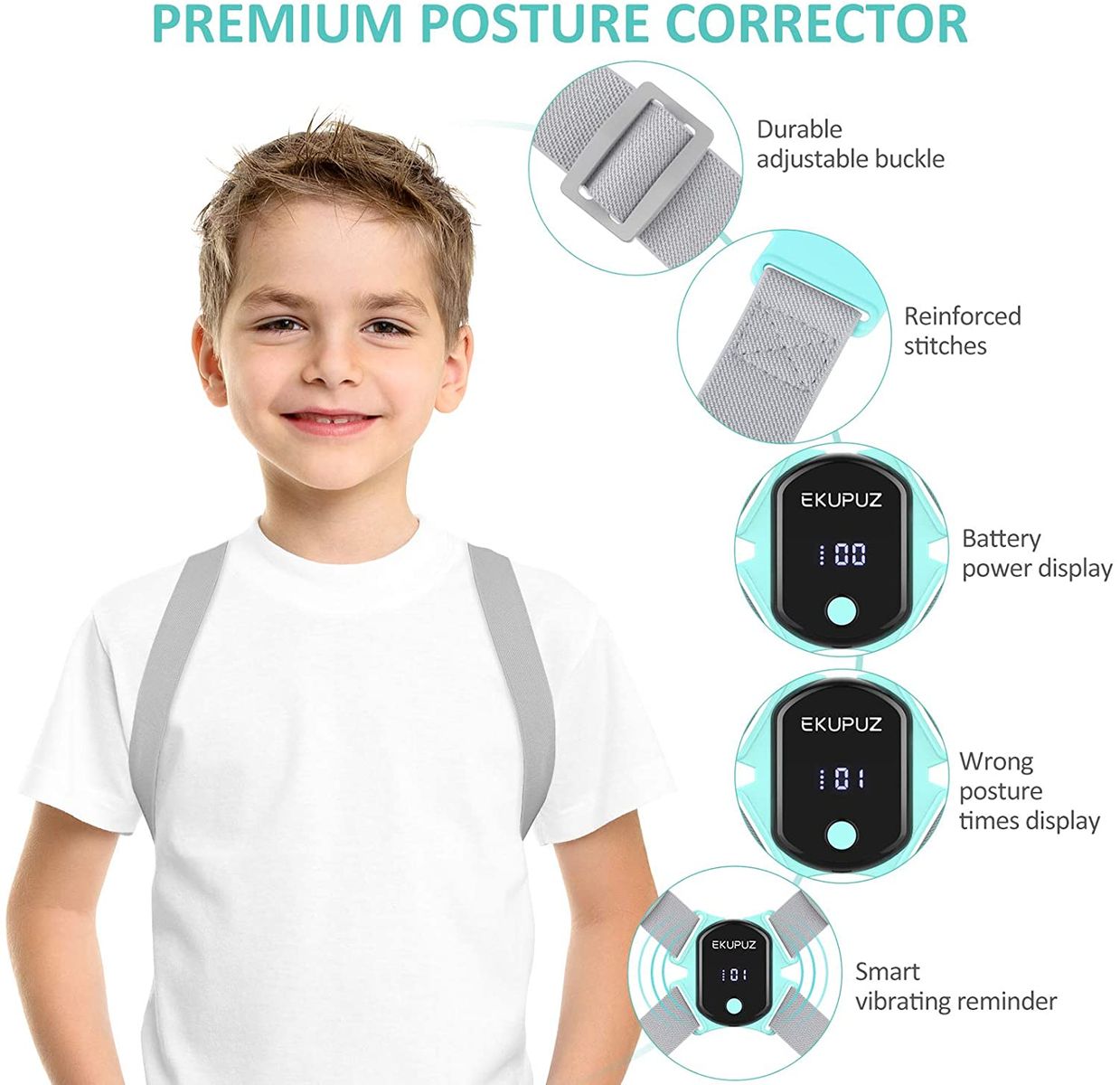 EKUPUZ-H Posture Corrector Back Support Intelligent Back Straightener Shoulder Strap Posture Trainer with Sensor Vibration Reminder, Improve Neck Back Shoulder Pain