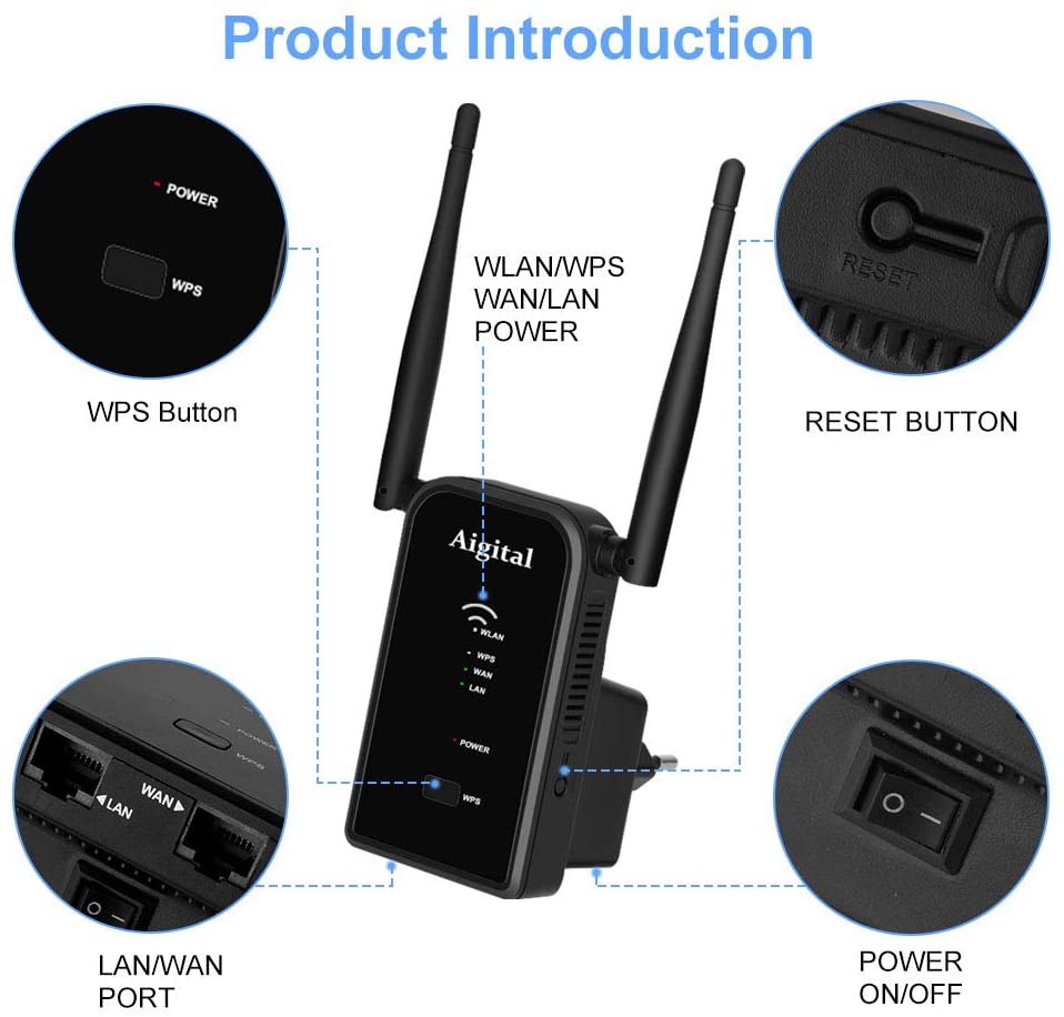 Aigital Wi-Fi Booster 300Mbps Long Range Extender