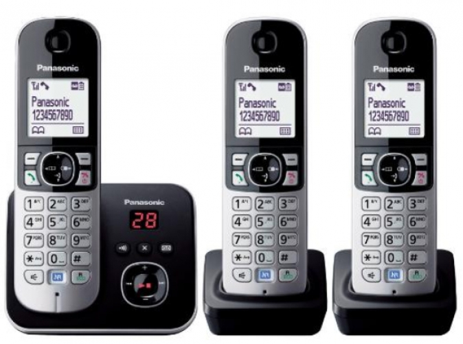 Panasonic KX-TG6823GB DECT-Schnurlostelefon mit Anrufbeantworter (3 Mobilteile, strahlungsarm, Eco-Modus, GAP-Telefon, Festnetztelefon) Schwarz