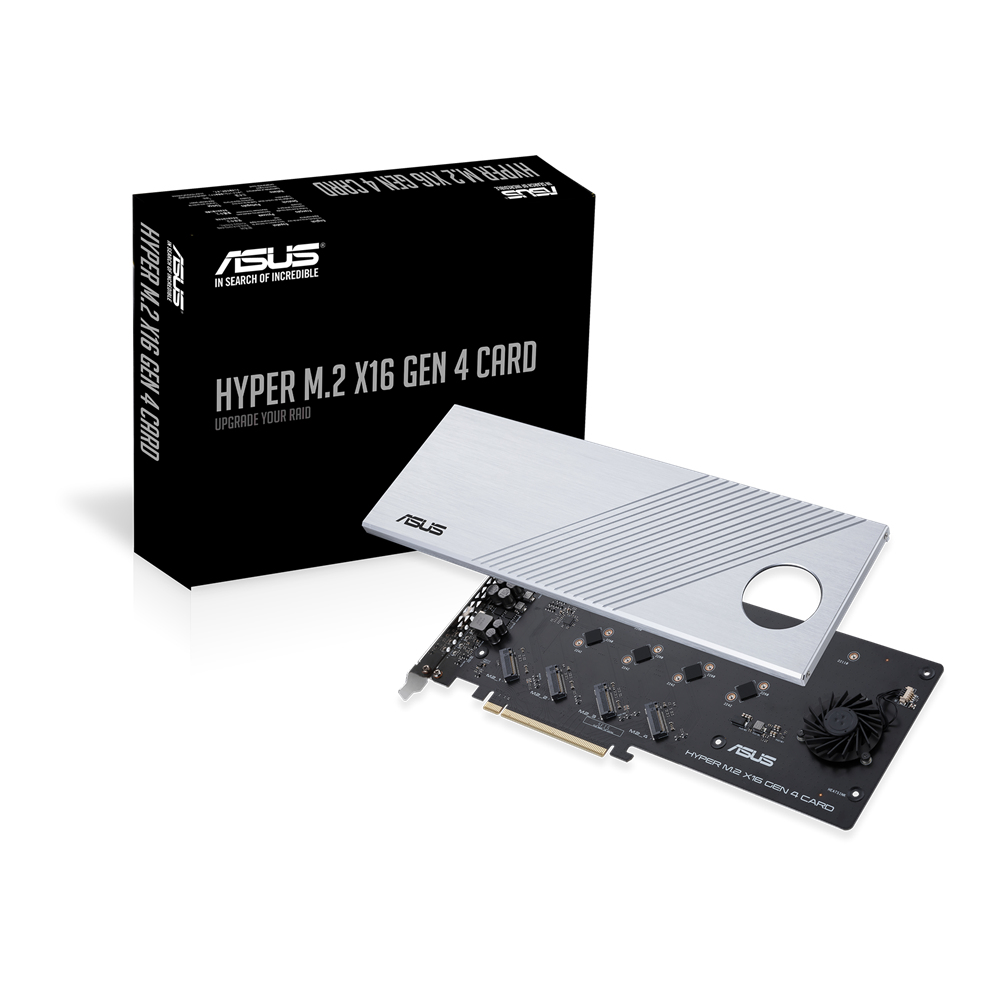 ASUS Hyper M.2 x16 Gen 4 M.2-Adapter PCIe 4.0, Aktivkühlung, 4x M.2-Steckplätze, 256 Gbit/s, Silber, Einbau (90MC08A0-M0EAY0)