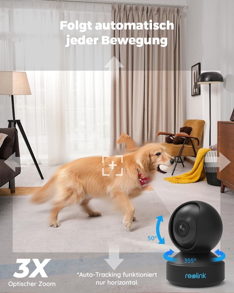 Reolink E1 Zoom-B Indoor PTZ Überwachungskamera, 5MP, 3x optischer Zoom, 2,4/5 GHz WLAN, Mensch-/Haustiererkennung, Auto-Tracking, Nachtsicht 12 m, 2-Wege-Audio, Schwarz