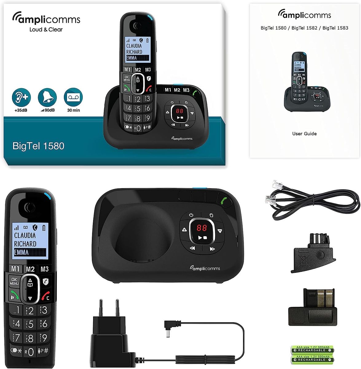 amplicomms BigTel 1502 Duo schnurloses DECT Großtasten Telefon, Zwei Mobilteile, Audio-Boost, extra Laute Klingeltöne, Hörgerätekompatibel, Anrufschutz