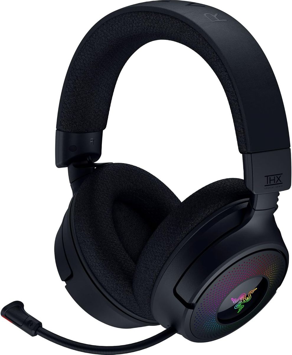 Razer Kraken V4 - Kabelloses PC Gaming-Headset (3-Modi-Konnektivität, Triforce 40mm Treiber, 9-Zonen-RGB-Beleuchtung der Ohrmuscheln, Mix- und Lautstärkeregelung, THX Spatial Audio) Schwarz