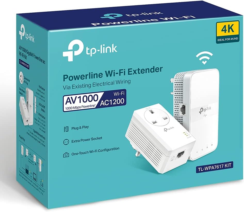 TP-Link AV1000 Gigabit Passthrough Powerline ac Wi-Fi Kit, Dual Band Speed Up to 1200 Mbps, Wi-Fi Extender/ Booster, Extra Power Socket, No Configuration Required (TL-WPA7617 KIT) AC1200 Mbps+AV1000 Gigabit|Passthrough|2-pack