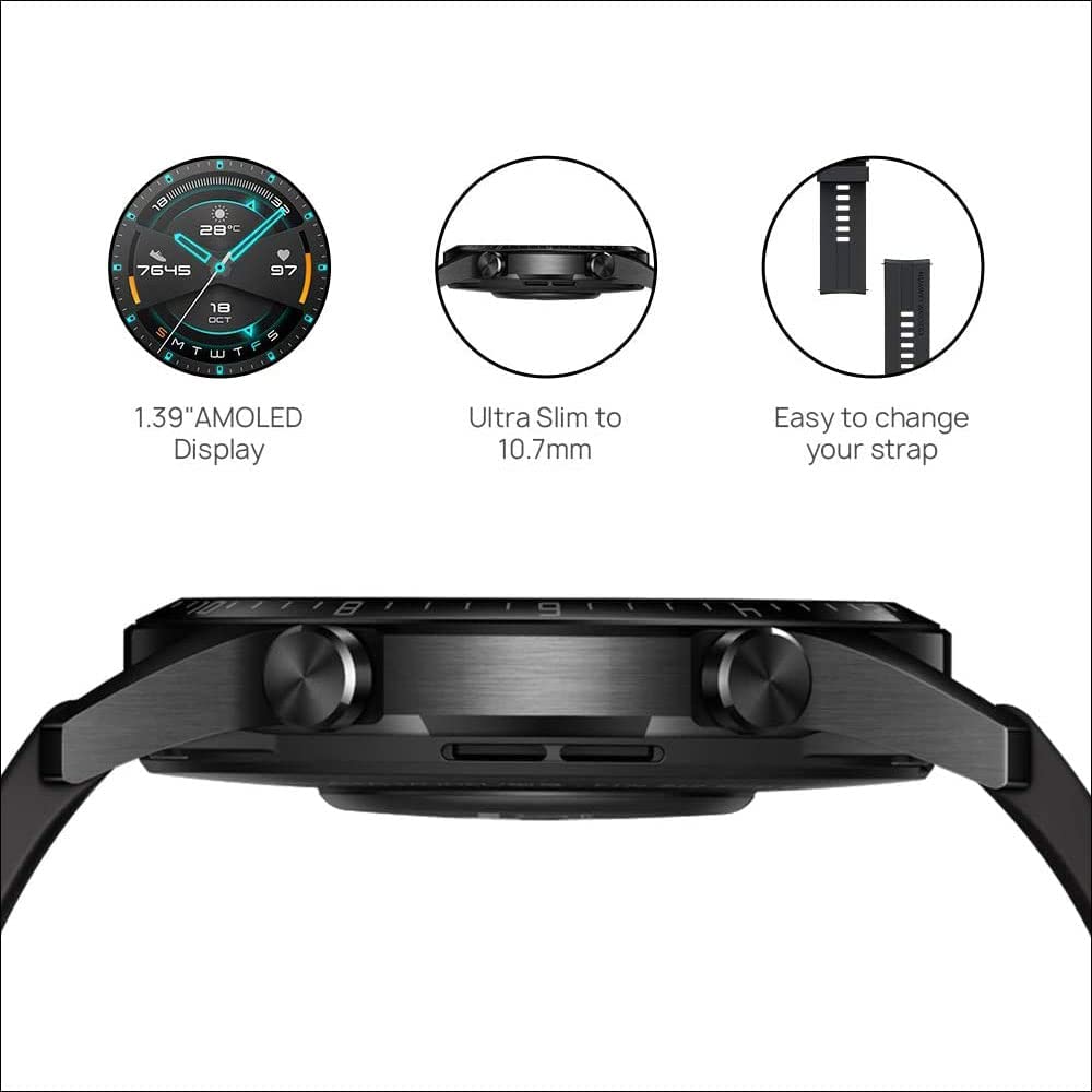 HUAWEI Watch GT 2 (46 mm) Smartwatch, 1,39 Zoll AMOLED-Display mit 3D-Glasbildschirm, 2 Wochen Akkulaufzeit, GPS, 15 Sportmodi, 3D-Glasbildschirm, Bluetooth-Calling Smartwatch, Mattschwarz