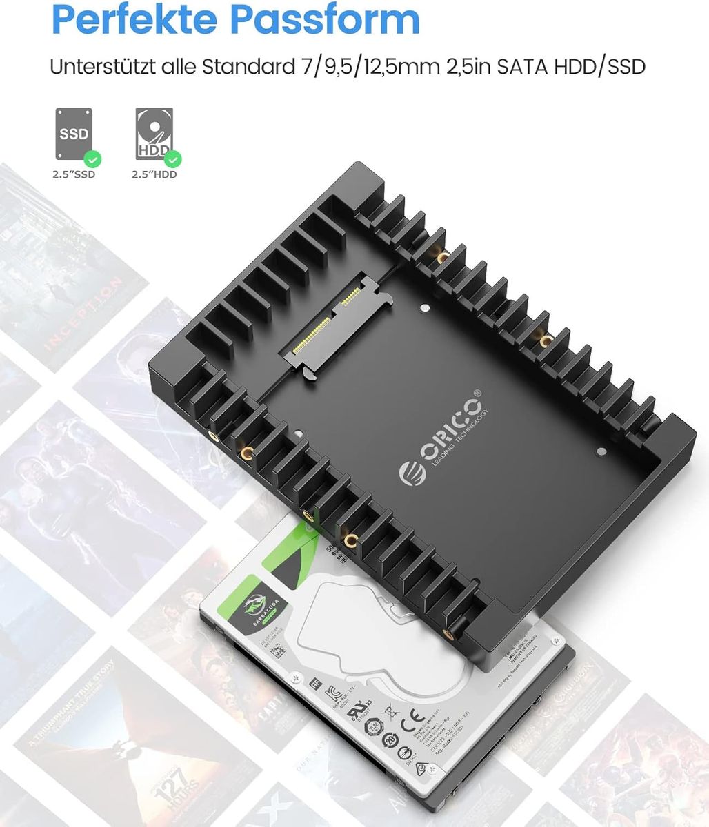 ORICO 1125SS-BK-GL 2,5" auf 3,5" Einbaurahmen Adapter für 2,5" SATA HDD/SSD 7/9,5/12,5 mm, SATA III 6Gbps, schwarz