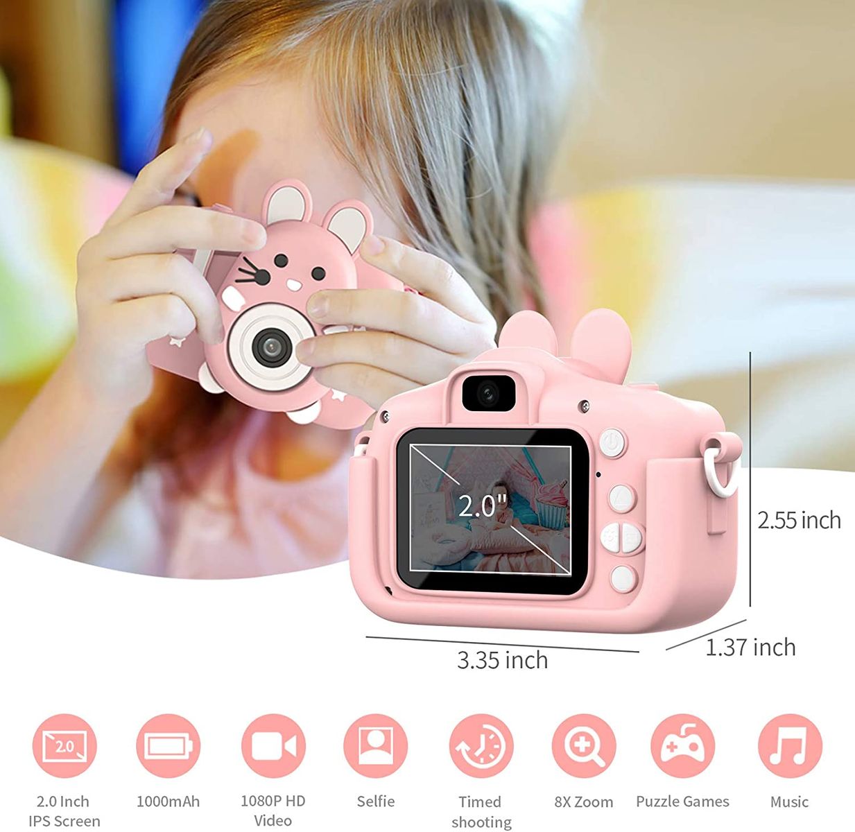 Hangrui Kids Camera with Silicone Case, 20.0MP Rechargeable Kids Digital Dual Camera with 2.0 Inch IPS Screen 1080P Video Camcorder, 32GB SD Card, Selfie Childrens Camera Toy for Boys & Girls Age 3-12, Pink A-Pink
