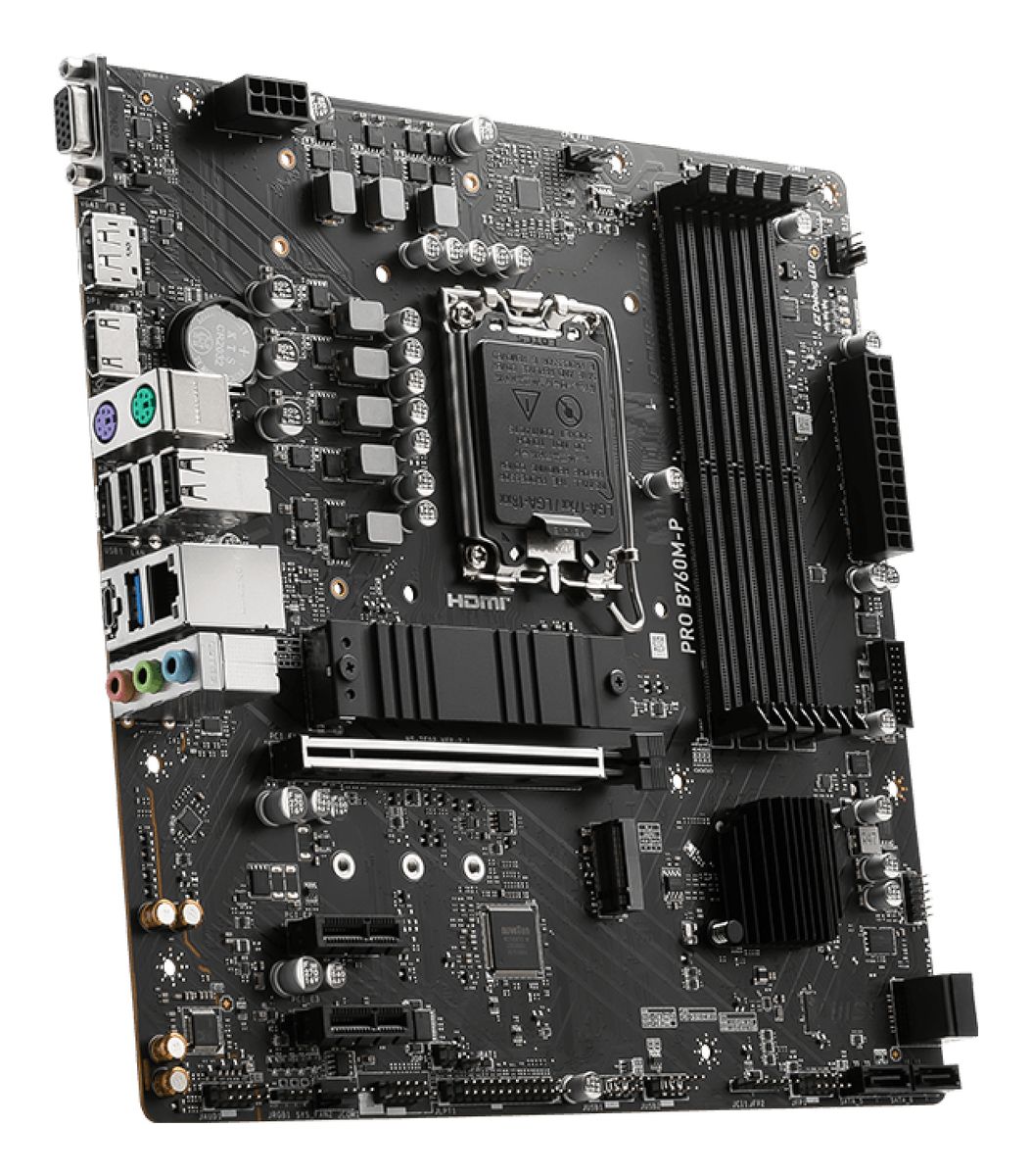 MSI PRO B760M-P Mainboard Intel B760 LGA 1700 micro-ATX, DDR5, 4x DIMM, 192 GB, 6x SATA III, PCIe 4.0 x16, HDMI 1.4, DP 1.4, Realtek Gigabit LAN, 7.1 Audio