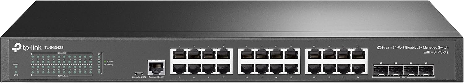 TP-Link TL-SG3428 24-Port Gigabit L2 Managed Network LAN Switch with 4 SFP Slots (19 Inch Rack Mounting, Central Cloud Management, Omada SDN, IPv6, QoS, IGMP, LAN) Black, Business Network