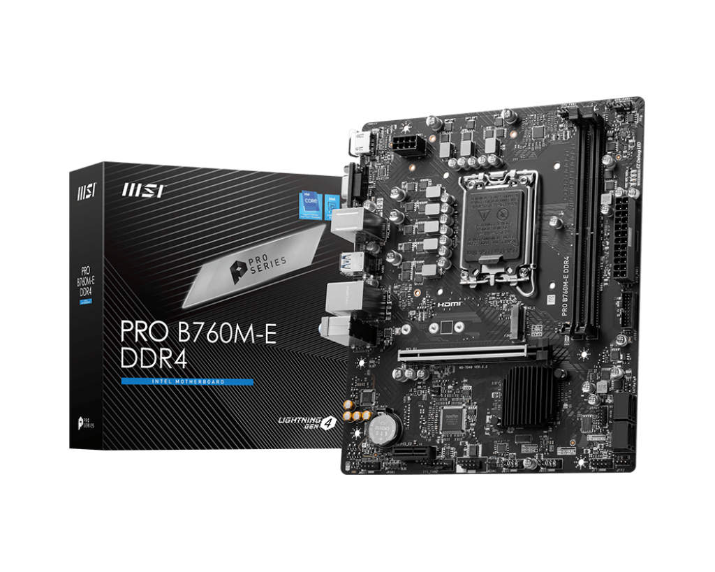 MSI PRO B760M-E DDR4 Mainboard LGA 1700 micro-ATX, Intel B760, DDR4, 2x DIMM bis 128 GB, M.2, SATA III, Realtek ALC897, Gigabit LAN