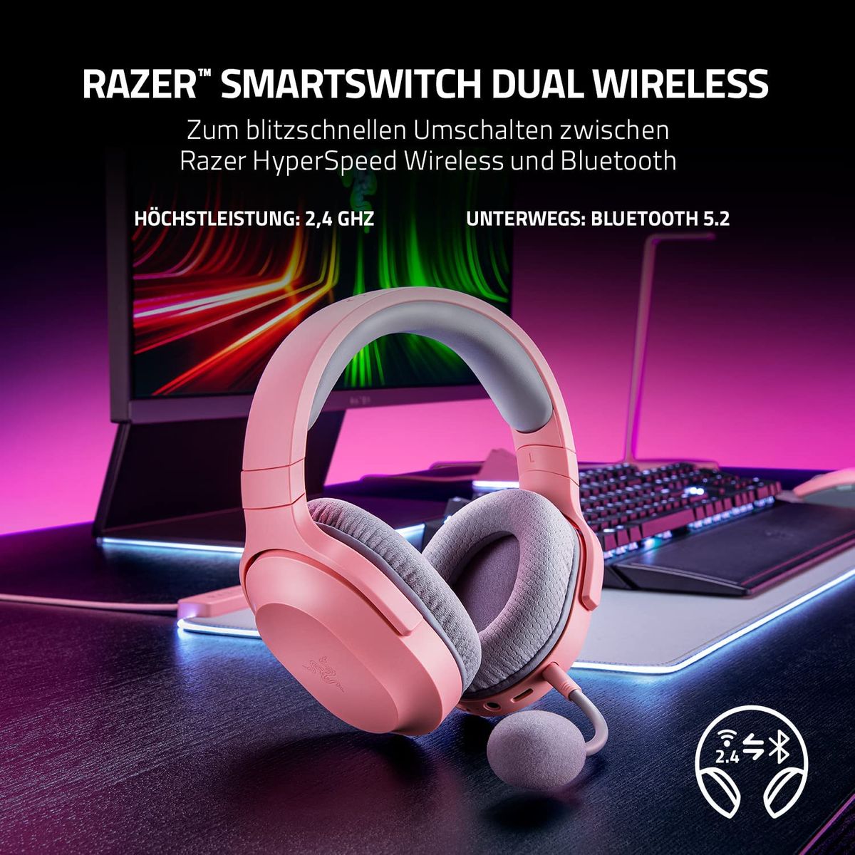 Razer Barracuda X Gaming & Mobile Headset Dual Wireless + 3.5mm Virtual 7.1 Surround-Sound Multi-Plattform Quartz