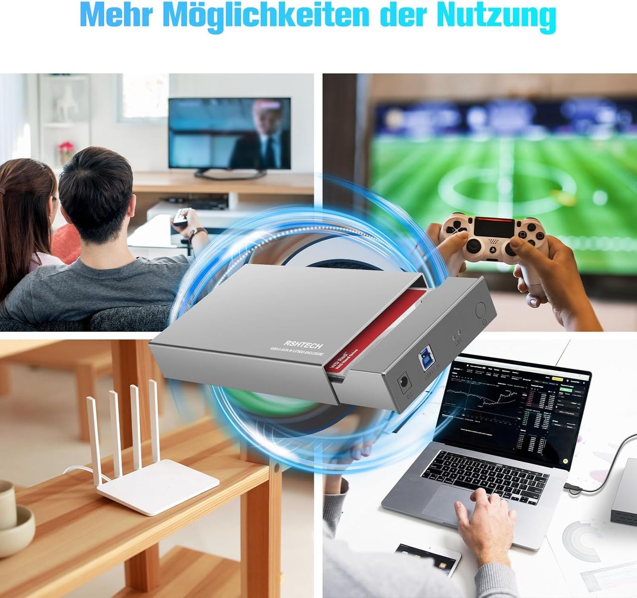 RSHTECH Aluminium USB 3.0 Externe Festplattengehäuse 2,5''&3,5'' USB 3.0 SATA Festplatte Gehäuse für SSD & HDD, mit 2-in-1 Kabel (Typ-A&C), 24W Netzteil, unterstützt UASP, Automatische Schlaffunktion RSH-339ST