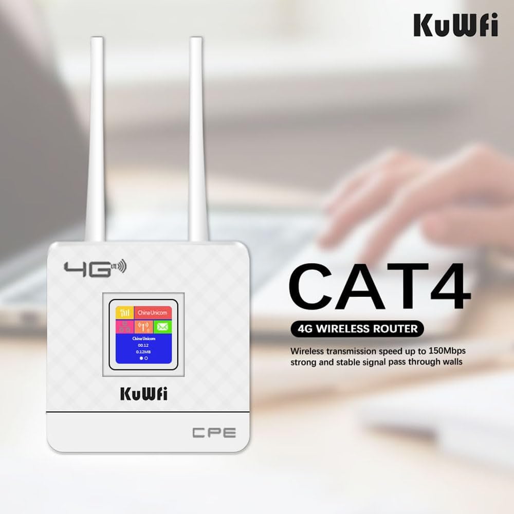 KuWFi 4G LTE WLAN Router, 4G LTE CPE-Router Cat4 Wireless CPE-Router Zwei Externe Antennen für Zuhause/Büro 4G|Wi-Fi N300 CAT4