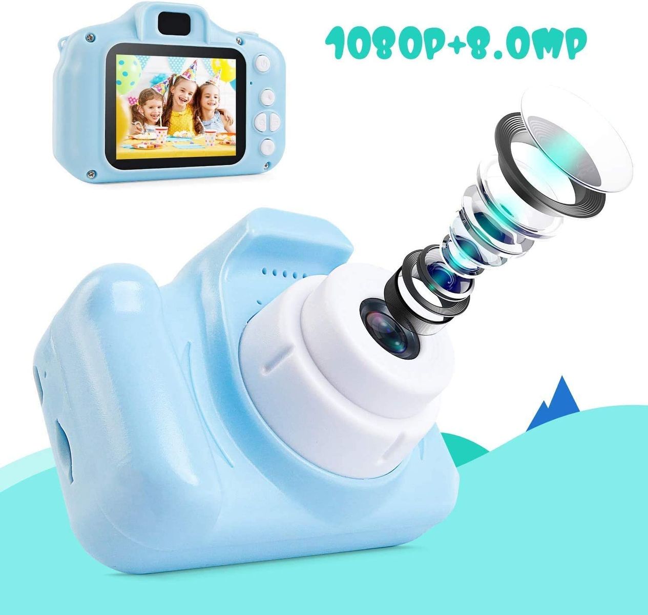 Kinderkamera Digitalkamera Spielzeug 2 Zoll HD-Bildschirm 1080P 32GB TF-Karte Video Fotoapparat Spiele Mehere Fotomodi Geschenke Jungen Mädchen (Blau)