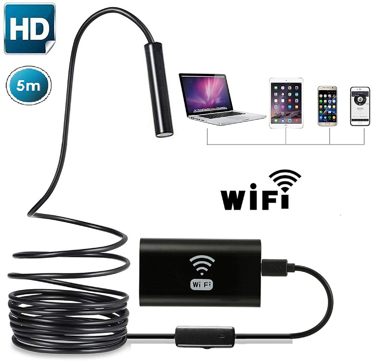 Wallfire Wireless endoscopio Wallfire semi-rigida WiFi Periscopio per PC Smartphone fotocamera 2.0 Megapixel CMOS HD impermeabile Snake camera con luce LED regolabile 8 – 5 m (5 meter)