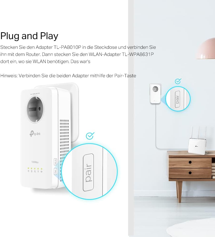 TP-Link WLAN Powerline Adapter Set TL-WPA8631P KIT(Dualband WLAN 1200Mbit/s, AV1300 Powerline, Steckdose, Wifi Clone, MU-MIMO, 4 Gigabit Ports, Plug&Play, ideal für HD-Streaming, App Kontrolle)weiß Powerline WiFi Kit