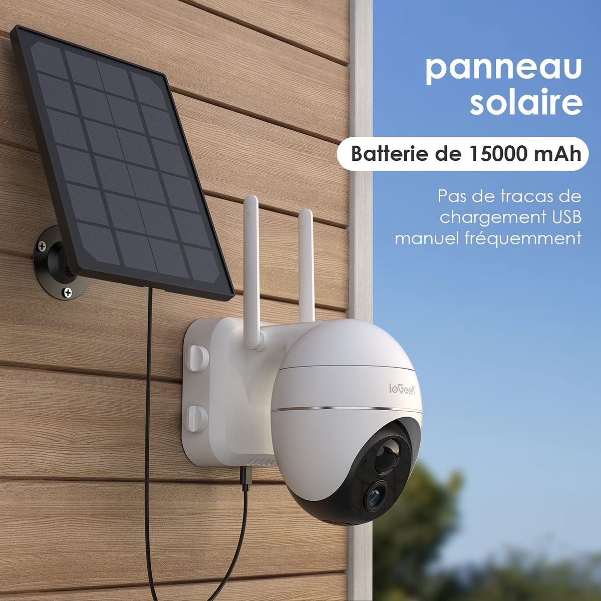 ieGeek Überwachungskamera Aussen Akku 15000mAh 355°/120°Schwenkbar mit Solarpanel，1080p PTZ Outdoor ip Kamera ​mit PIR Bewegungsmelder, Nachtsicht，4DBi Wireless Antenna, IP66 asserdichte Weiß