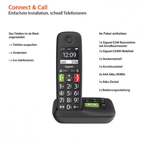 Gigaset E290A Schnurlostelefon mit Anrufbeantworter, extra großen Tasten, großem Display, schwarz