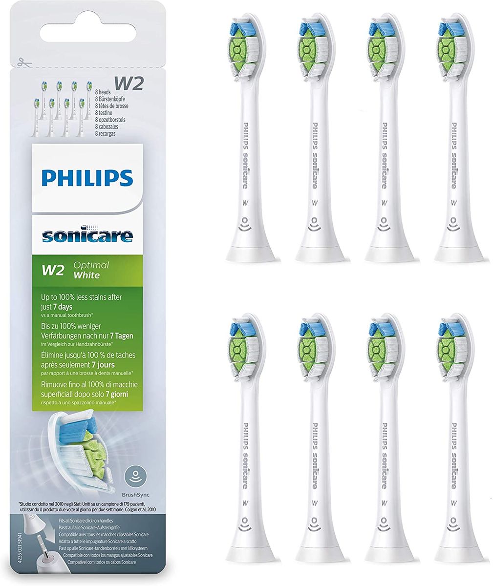 Philips Sonicare Original Optimal White HX6068/12 brush, removes up to 2x more discoloration, RFID chip, standard, pack of 8, White Pack of 8 Single