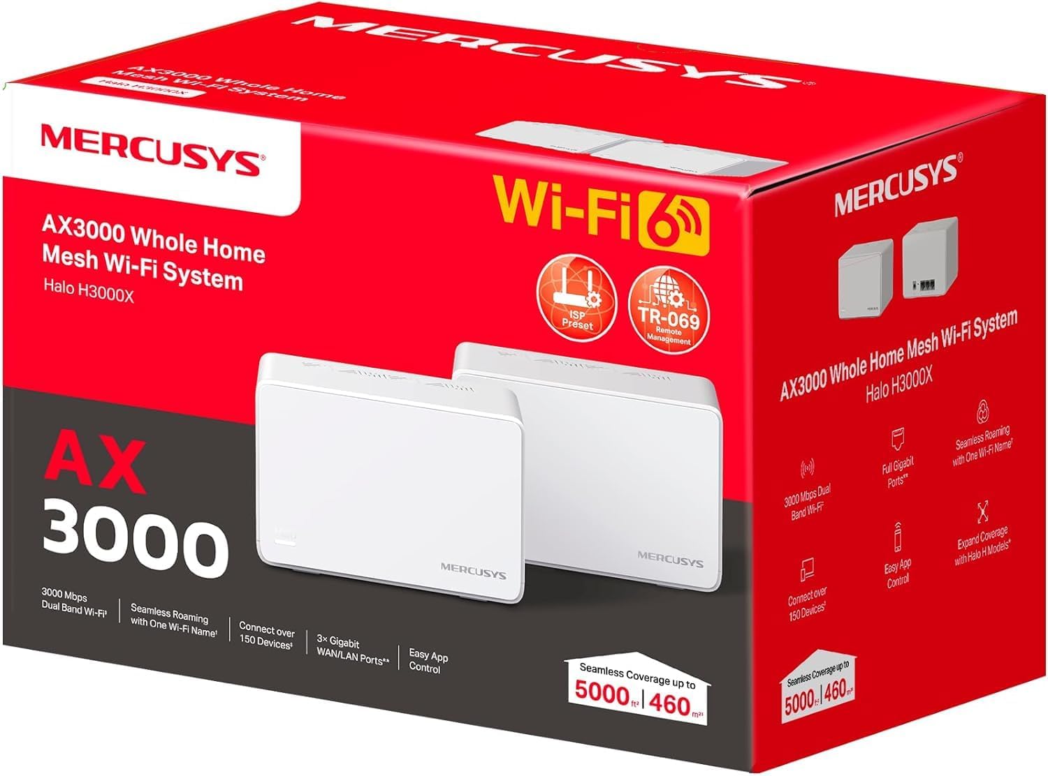 Mercusys Halo H3000X(2-Pack) WLAN-Router 6 Mesh, AX3000, Dualband, Reichweite bis zu 420 m², 3 x Gigabit-Port pro Laufwerk, Netzwerkverwaltung, einfache Einrichtung mit App, WPA3