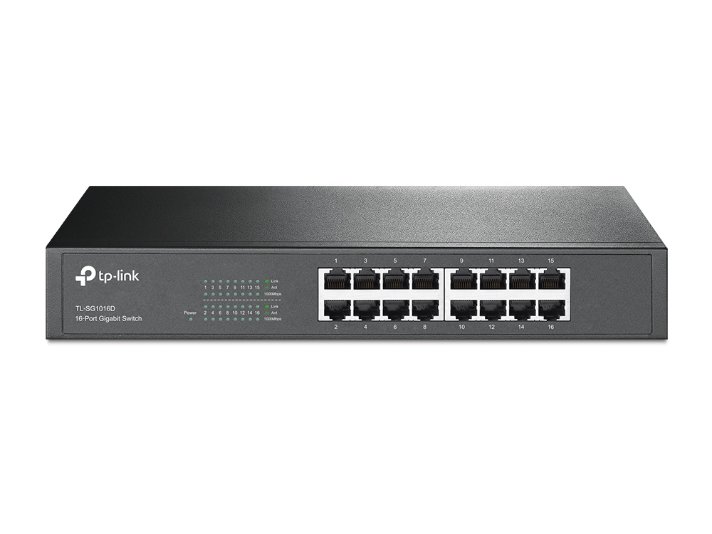 TP-Link TL-SG1016D 16-Port Gigabit Netzwerk Unmanaged Switch (Rackmount, 32Gbit/s Switching-Kapazität, geschirmte RJ-45 Ports, Metallgehäuse, lüfterlos, Plug-und-Play) schwarz Gigabit Switch 16-port