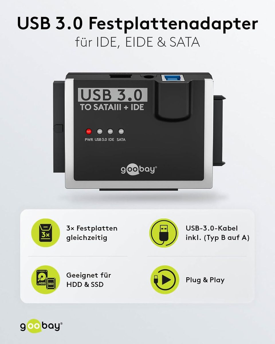 Goobay 72013 SATA & IDE Festplattenadapter USB 3.0, inkl. 12V/2A Netzteil, USB A-B Kabel & Molex, HDD/SSD, EU-Stecker (Typ C)
