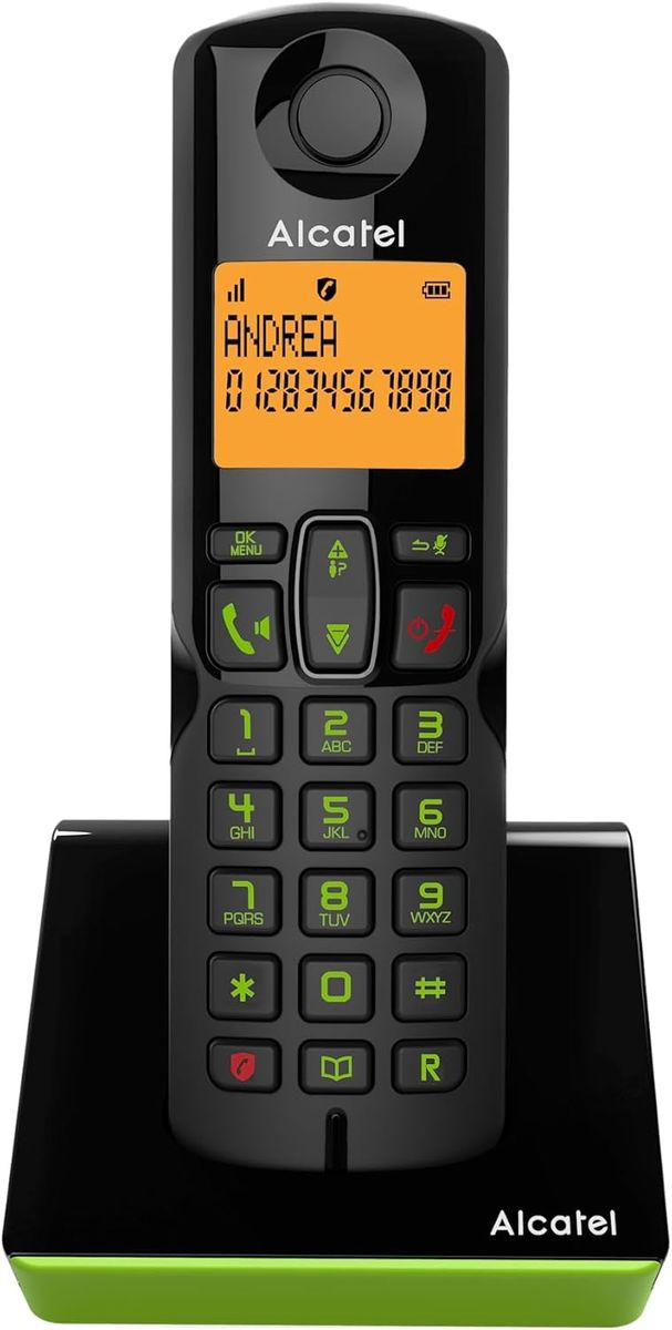 Alcatel S280 Schwarz/Grün Schnurloses DECT-Telefon mit Blockierung von unerwünschten Anrufen, großes Display mit orangefarbener Hintergrundbeleuchtung, Freisprechfunktion, 3 Direktspeichertasten