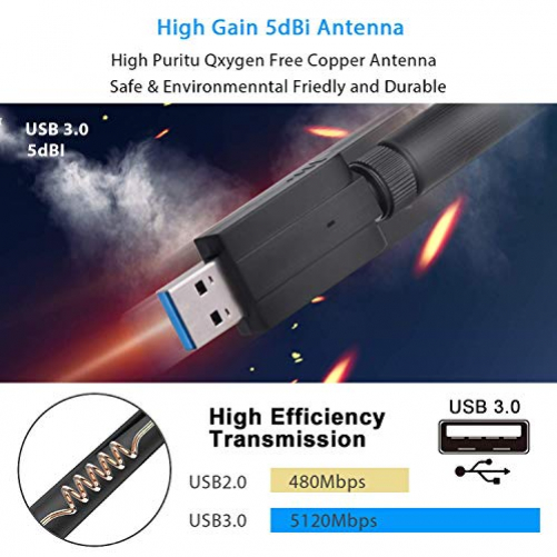 Maxesla USB WiFi Adapter 1200M WiFi Dongle High Speed 802.11ac5 dBi Dual Band 2,4/5 GHz Wireless Netzwerk Adapter für PC/Desktop/Tablet/Laptop kompatibel mit Windows, Mac OS X