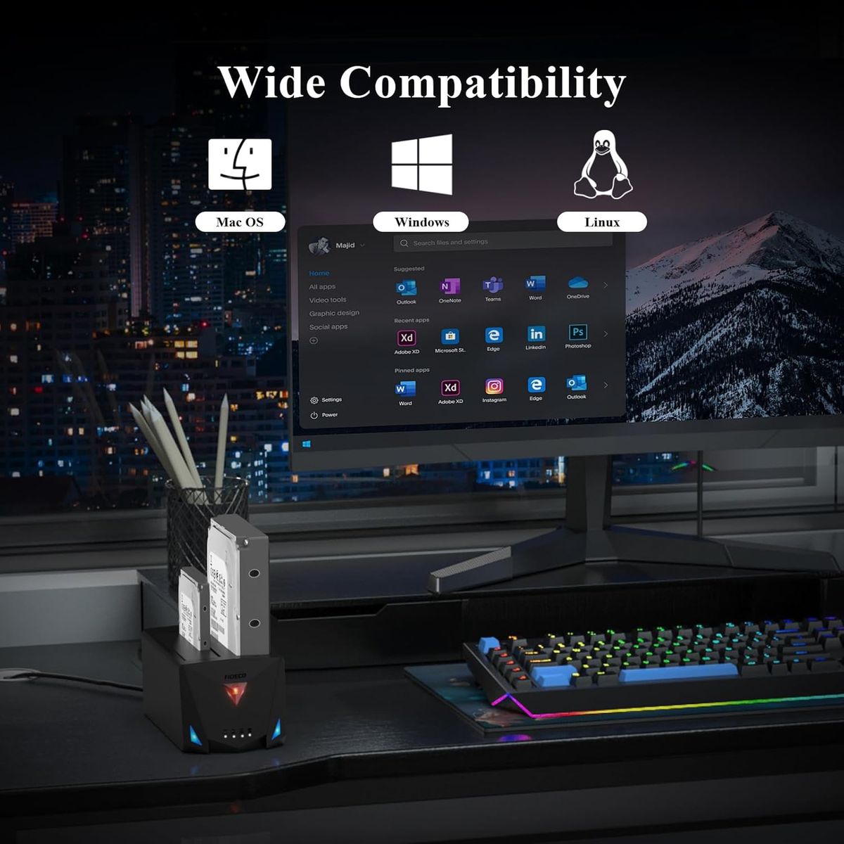 FIDECO YPZ220C 2-Bay Festplatten-Dockingstation, USB 3.2 Gen1 Type-C Anschluss, SATA 2,5 & 3,5 Zoll HDD/SSD, Offline-Klonfunktion, UASP