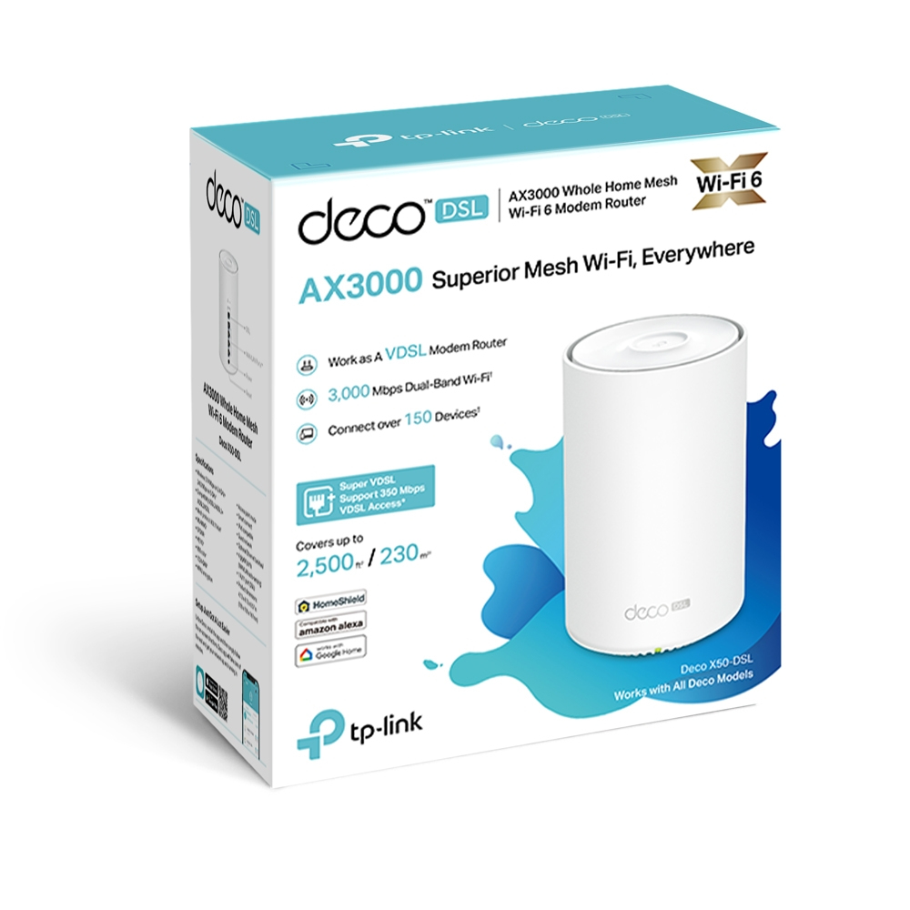 TP-Link (DECO X50-DSL) VDSL Whole Home Mesh Wi-Fi 6 Router, Single Unit, Dual Band AX3000, 4x GB WAN/LAN, OFDMA & MU-MIMO Modem