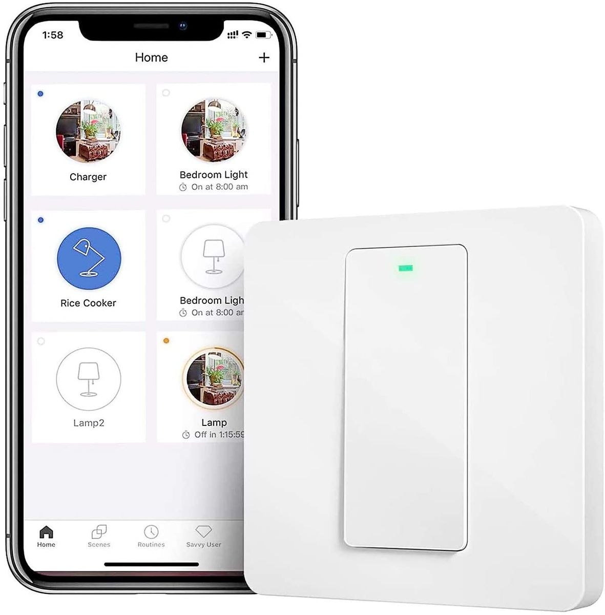 Meross smart light switch WLAN wall switch, 1 gang requires neutral wire, physical button switch, compatible with Alexa, Google Home and SmartThings, 2.4 GHz, No hub required, MSS510XEU
