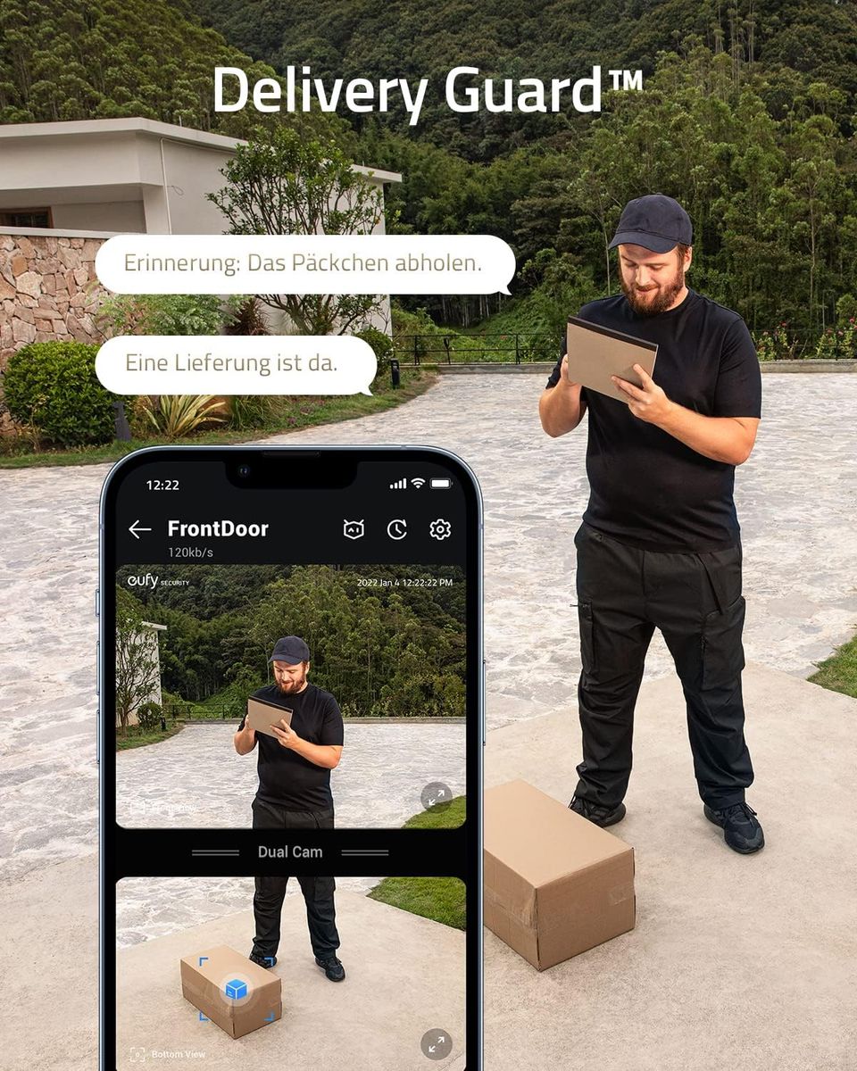 eufy Security E8213381 Video-Türklingel Dual-Kamera, batteriebetrieben, Basisstation, Paketerkennung, 2K HDR, 16 GB, generalüberholt, schwarz, EU