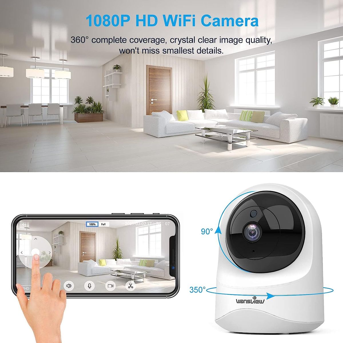 Wansview WiFi-IP-Kamera, 1080P Innenkamera mit Noturna Bewegungssensor, Bidirektionales Audio, kompatibel mit Alexa, Sicherheitskamera für Baby, Haustiere, Q6 (keine Autonomie)